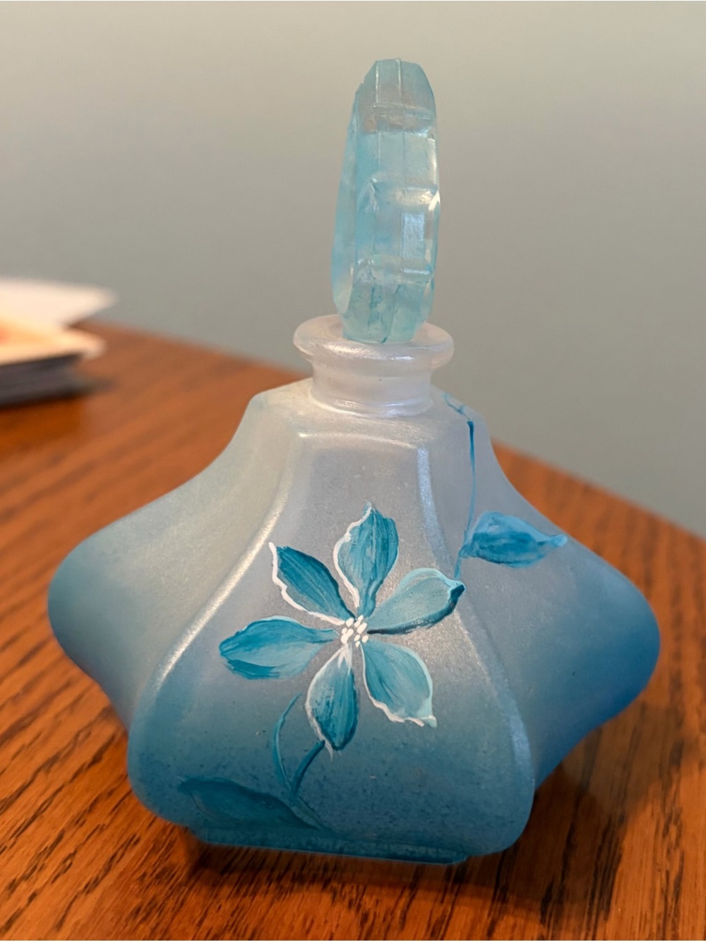 Blue hand painted hexagon perfume bottle by Laure Chanille No. 004